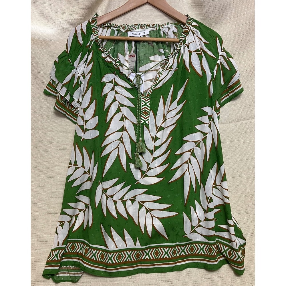 Rose + Olive Blouse Womens 1X Green NEW Leaf Print Tassel Ruffle Sleeve Top